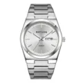 Men's silver quartz stainless steel watch with integrated bracelet and date display. - Silver Case Silver Dial