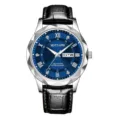 Men's luxury quartz watch with blue dial, roman numerals, and black leather strap. - Silver Case Blue Dial