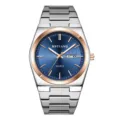 Men quartz watch stylish stainless steel wristwatch with blue dial and double calendar display. - Rose Gold Case Dark Blue