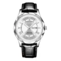 Men's quartz watch featuring black leather strap, silver dial and date display variant. - Silver Case White Face