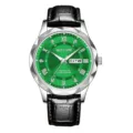 Men quartz watch green dial silver faceted bezel black leather strap fashion casual wristwatch - Silver Case Green Dial