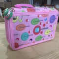 Pink multi-layer canvas pencil case detail, featuring cute cartoon owl and tree pattern design. - 35-Piece Colored Pencil Set / Pink