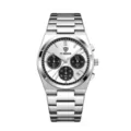 Herrenuhr aus Edelstahl mit weißem Zifferblatt, Chronograph und elegantem Metallarmband. - Silbernes Gehäuse mit weißem Zifferblatt und schwarzem Ring