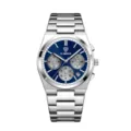 Herren Quarzuhr mit blauem Zifferblatt, Edelstahlarmband und praktischen Chronographen. - Silbernes Gehäuse mit blauem Zifferblatt