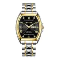 Stilvolle Herren Tonnen-Uhr mit Datumsanzeige schwarzes Zifferblatt Edelstahlarmband Armbanduhr - Bicolor-Stahluhr in Gold & Schwarz