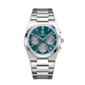 Men's Stainless Steel Quartz Chronograph Watch with Green Dial and Date Display. - Silver Case with Green Dial