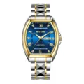 Luxus Herren Tonneau Automatikuhr mit Leuchtzeigern, blauem Zifferblatt und praktischem Kalender. - Bicolor-Stahluhr in Gold & Blau