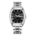Herren Tonneau Uhr Automatik Edelstahl Business wasserdicht leuchtende Armbanduhr - Silbernes Stahlband Silbernes Gehäuse Schwarzes Zifferblatt