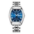 Orologio automatico uomo tonneau con quadrante blu, numeri romani e cinturino in acciaio. - Orologio in acciaio con cassa argento e quadrante blu