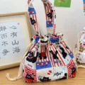 Red white striped black cat canvas tote bag, cute waterproof commuter lunch handbag. - Plaid Black Cat (Drawstring Bag)
