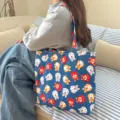 Cute Shiba Inu printed canvas tote bag, casual daily shoulder handbag for women and students. - Blue Cartoon Shiba Inu Print