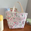 Cute pink floral waterproof canvas lunch bag with zipper and handles for daily school commute. - Little Rabbit Flower Style