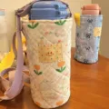 Carino porta borraccia trapuntato a quadretti e tulipani con tracolla, borsa in tela per bambini. - Borsa Tulipano
