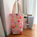 Graziosa borsa bento impermeabile in tela con quadri pastello e motivo cucciolo per pranzo all aperto. - 26x12cm / Borsa Patchwork Rosa