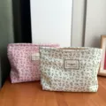 Floral canvas cosmetic bag, cute small flower makeup pouch with zipper and portable handle. - White Floral Makeup Bag