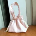 Pink canvas drawstring handbag, cute Japanese style bento lunch bag, solid color tote. - Light Pink