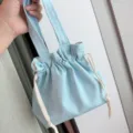 Light blue canvas drawstring handbag, casual solid color handheld bento lunch pouch. - Light Blue