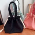 Canvas Tote Bag Japanese Style Drawstring Lunch Bag Solid Color Portable Handbag - Black