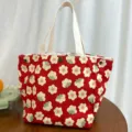 Red floral canvas bento lunch handbag with cream handles, cute daily tote bag. - Interlocking Buckle Style / Red with Large Flowers
