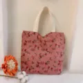 Vintage κοτλέ τσάντα shopper με λουλούδια, κομψή ροζ casual τσάντα ώμου με floral σχέδιο. - Μοβ Ροζ Τριαντάφυλλο