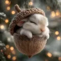 Cute sleeping bunny inside acorn hanging ornament, perfect Christmas tree decoration for home. - Rabbit