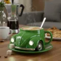 Creative green beetle shaped ceramic coffee mug with saucer and spoon, unique novelty gift. - Beetle Mug - Green