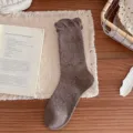 Brown sweet bubble cuff lace mid-tube socks with cute polka dots, Japanese style slouch socks. - Plain Style / Light Coffee