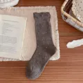 Brown sweet bubble cuff lace mid-calf socks with cute polka dots, Japanese slouch style. - Plain Style / Dark Coffee