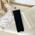 Women black stirrup leg warmers solid color ribbed mid-calf socks cute ruffled vintage style - One Size / Black