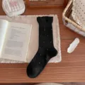 Women black mid-tube socks sweet lace trim polka dot pattern autumn daily wear sku - Plain Style / Black