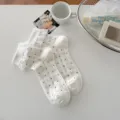 Cute white polka dot lace ruffle short socks, breathable mesh cute style women ankle socks - One Size / White