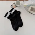 Women black short socks cute white lace ruffle mesh breathable cotton spring summer casual - One Size / Black