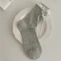 Chaussettes mi-hautes grises à volants en dentelle nœud style coréen mignon chaussettes coton - Taille unique / Gris Ruban Nœud Papillon