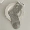 Chaussettes mi-mollet en dentelle à nœud style coréen pour femmes coton tricoté doux - Taille unique / Double Noeud Gris