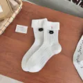 Women's white mid-calf socks with cute black cat embroidery and cute folded cuff design. - One Size / White