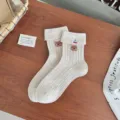 Women cute bear embroidery beige mid-calf slouch socks, breathable casual cotton hosiery. - One Size / Oatmeal