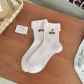 Cute cartoon embroidered dog cuffed mid-tube women socks, sweet pink cotton casual hosiery. - One Size / Light Pink