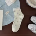 Calcetines cortos blancos de encaje floral, bonitos calcetines de verano para mujeres. - Talla única / Blanco Roto Floral
