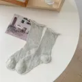 Calcetines de mujer estilo japonés con borde enrollado, diseño punto calado gris, moda. - Talla única / Gris