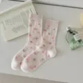 Chaussettes mi-hautes femme en maille florale rose, style japonais doux respirantes. - Taille unique / Rose Sakura