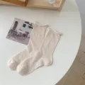 Japanese style rolled edge women socks spring summer thin hollow mid-calf solid color casual socks - One Size / Khaki