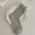 Chaussettes femme grises avec dentelle et volants, style coréen doux printemps été coton chaussette. - Taille unique / Dentelle Métallique Grise
