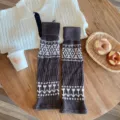 Retro Fair Isle Strick Beinwärmer für Damen, Herbst und Winter warme lange Socken. - Einheitsgröße / Phönix Samt Stil / 1 Paar / Dunkelgrau