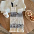 Vintage fair isle Strick Beinstulpen, weiße kuschelige Wintersocken für Damen neu - Einheitsgröße / Phönix Samt Stil / 1 Paar / Beige