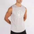 Men's breathable quick-dry fitness tank top detail, showing stretch fabric and graphic. - M / Gray