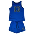 Blaues sportliches ärmelloses Tanktop und Shorts Detail mit Nummernprint Netzstoff Design - Blau