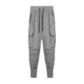 Detail view of grey men's cargo joggers featuring side pockets, zip and ribbed cuffs. - S / Light Green