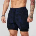 Men's camouflage 2-in-1 sports fitness shorts with inner liner and drawstring waist detail. - S / Navy Camouflage