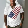 Mens casual V-neck short sleeve t-shirt with vintage US flag print, breathable summer top. - S / White