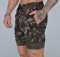 Camo sports double-layered fitness shorts detail view, athletic breathable training gear. - S / Army Green Camo